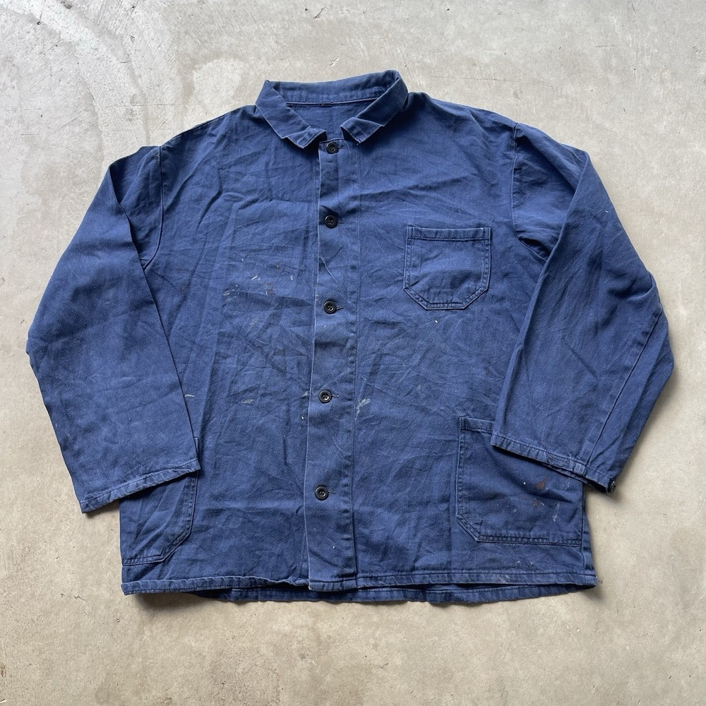 Vintage 1950s French Small Pocket Chore Jacket Faded Distressed Workwear Coat
